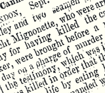 Diagonally-placed text from a news article featuring words like Mignonette and murder