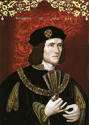 Portrait of King Richard III of England, has pale skin and dark hair, with a tired expression on a red background