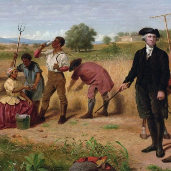 Portion of a painting where George Washington stands at the right wearing black in front of several enslaved men and women who are tending Mt Vernon
