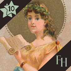 Artist's rendition of Clio the Muse of History as a woman with wavy brown hair in a toga, holding an open scroll. There are two dark banners, one at the top left corner with a pair of green stars around the number 10 and on the bottom right corner with the letters FH on it