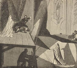 Drawing of a stage production where a ghostly image is made by shadows on a screen