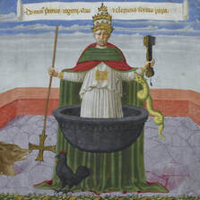 Illuminated manuscript image of Pope Clement 7 in a floating black basin