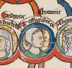 Illuminated Manuscript depiction of Geoffrey as a man with a green top and white hat in a family tree