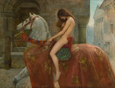 Painting of Lady Godiva riding naked astride a white horse