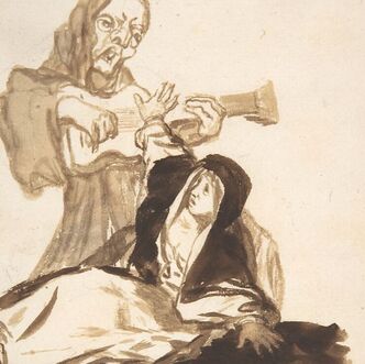 Sketch of a man being scared by an apparition of a woman