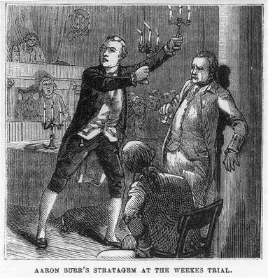 Black and white drawing showing Aaron Burr and others at the trial. It features a courtroom with a man holding up candles to the face of another, scared-looking man