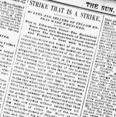 Black and white image showing a page of The Sun from during the 1899 strike. Headline reads, Strike that is a Strike