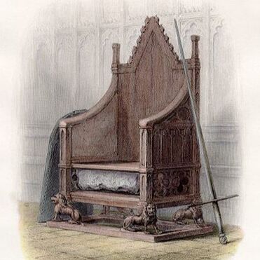 The Coronation chair (a large wooden chair) with a thin sword resting next to it