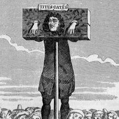 Woodcut of Titus Oates in the stocks